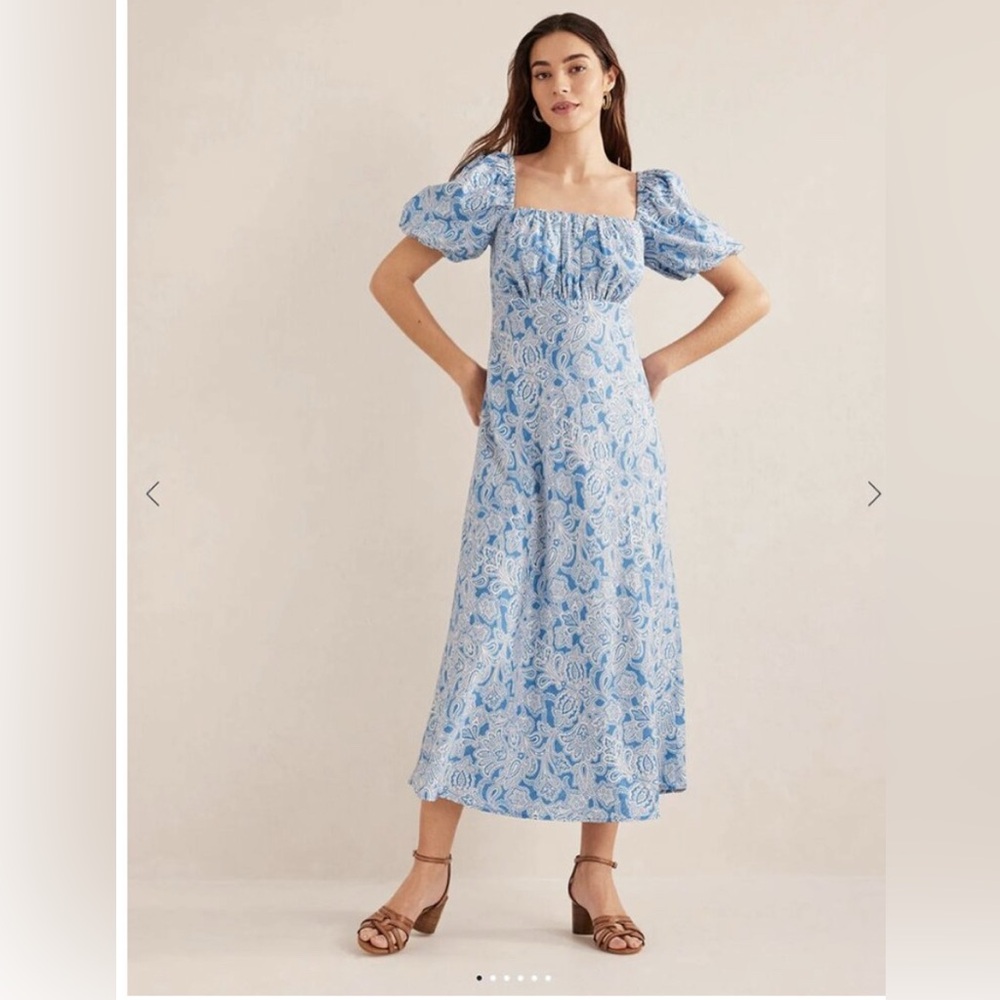 BODEN Ruched Bodice Midi Dress 10R Blue Paisley Bud‎ Short Puff Sleeve